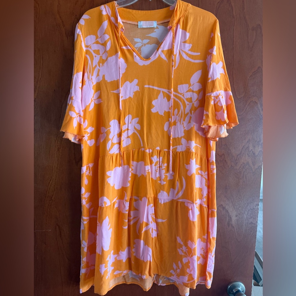 C+D+M Women’s Vibrant Orange & Pink Floral Midi SunDress Size L